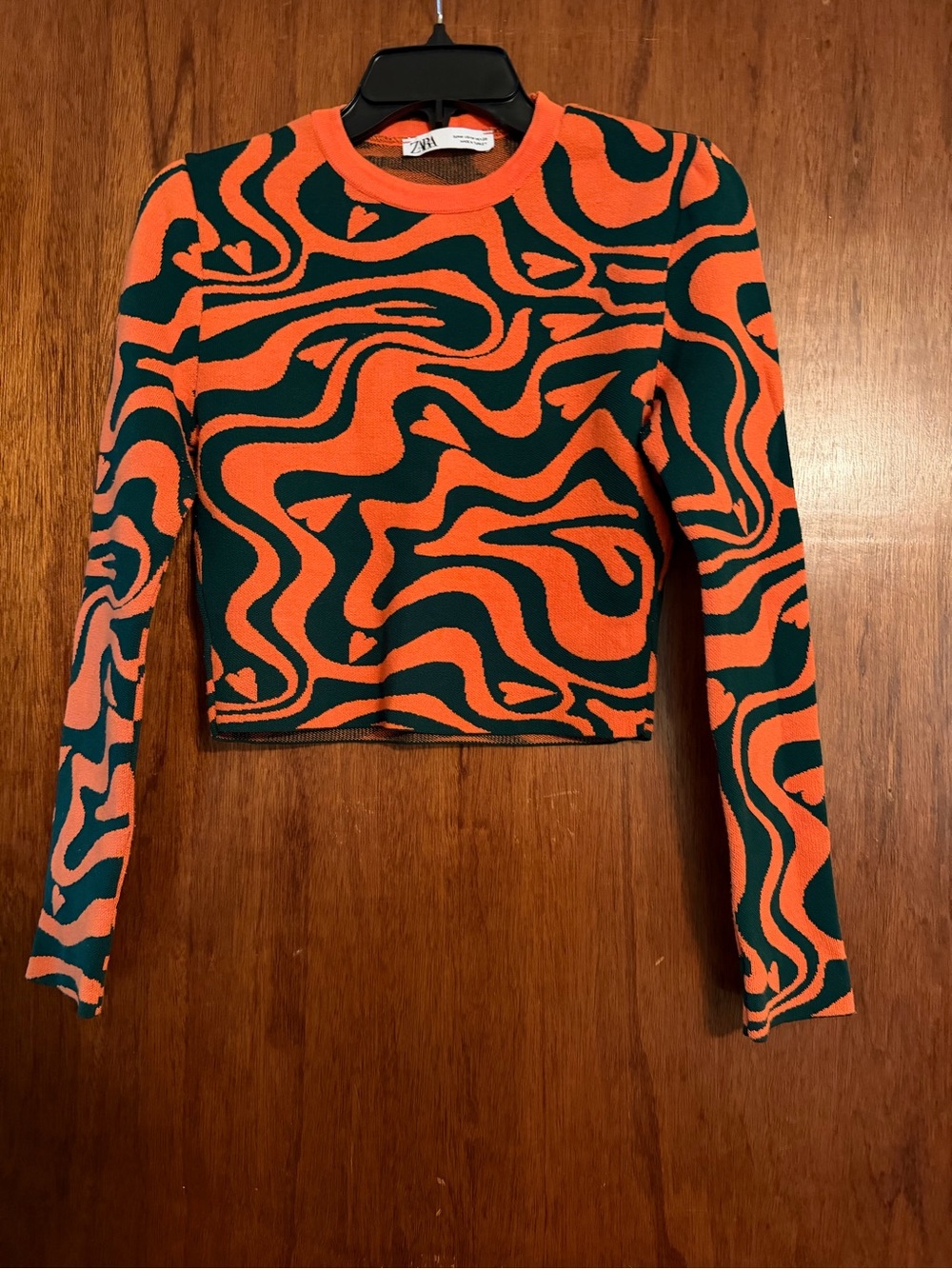 Zara Orange & Dark Green Abstract Wave Long Sleeve Crop Top
